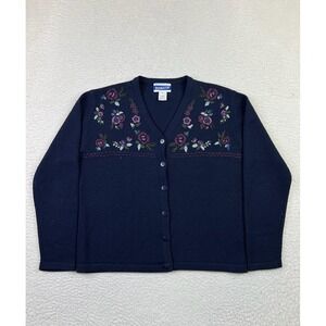 Pendleton Womens Small Petite Navy Blue Floral Embroidered Wool Cardigan Sweater